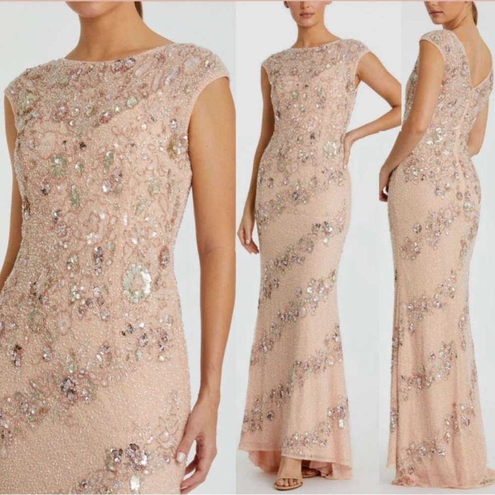 Mac Duggal Gold Pink Embellished Bateau Neck Gown
